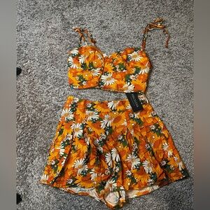 Floral High Waist Shorts Set - Orange